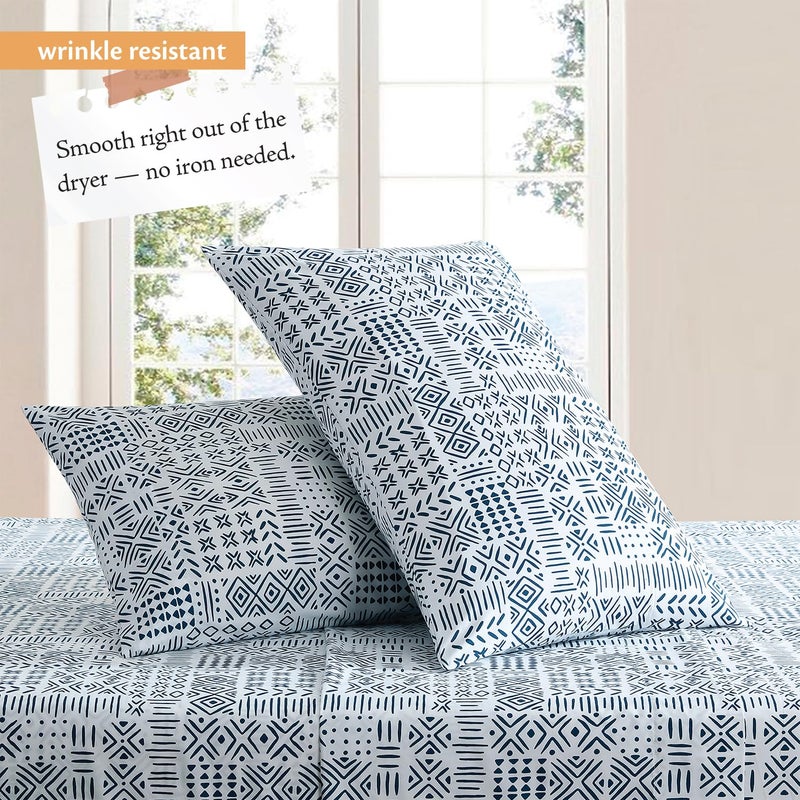 Indigo Ink - Queen Size Sheet Set, 4-Piece Boho Geometric Patterned Bedding, Soft & Wrinkle Resistant (White Denim Collection, Navy Blue) - Image 2