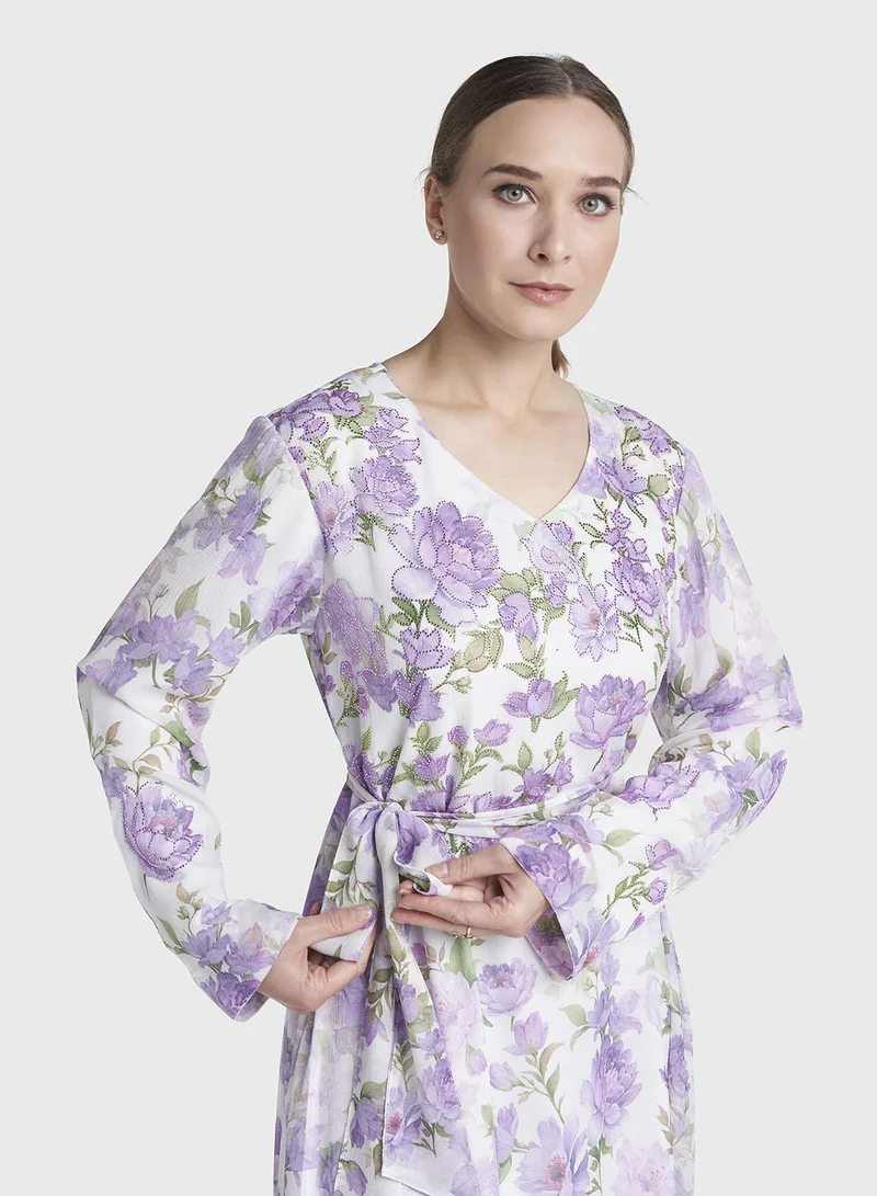 Kashkha Purple Colour Stone Work Chiffon Floral Printed Dress (VW530)