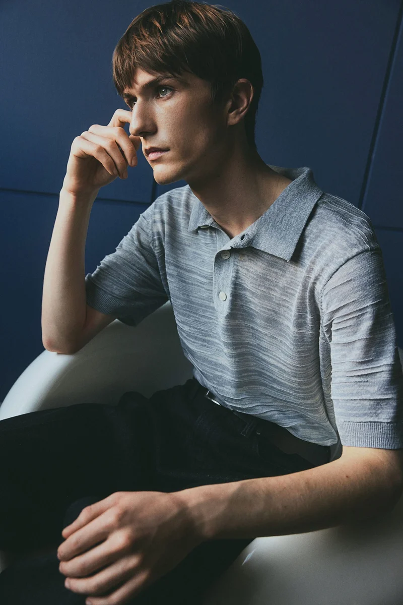 H&M 003-07-101-Grey Medium Dusty Regular Fit Fine-knit polo shirt for Men | Best Price UAE