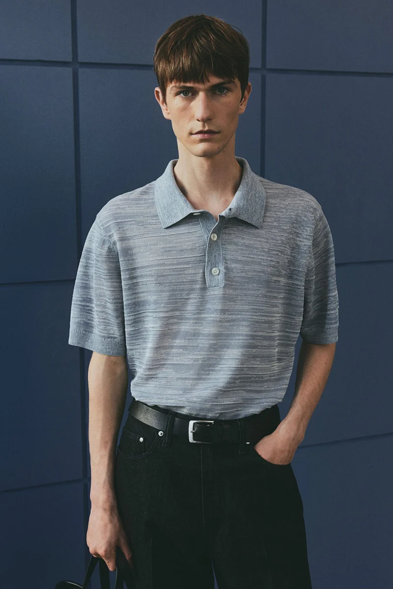 H&M 003-07-101-Grey Medium Dusty Regular Fit Fine-knit polo shirt for Men | Best Price UAE