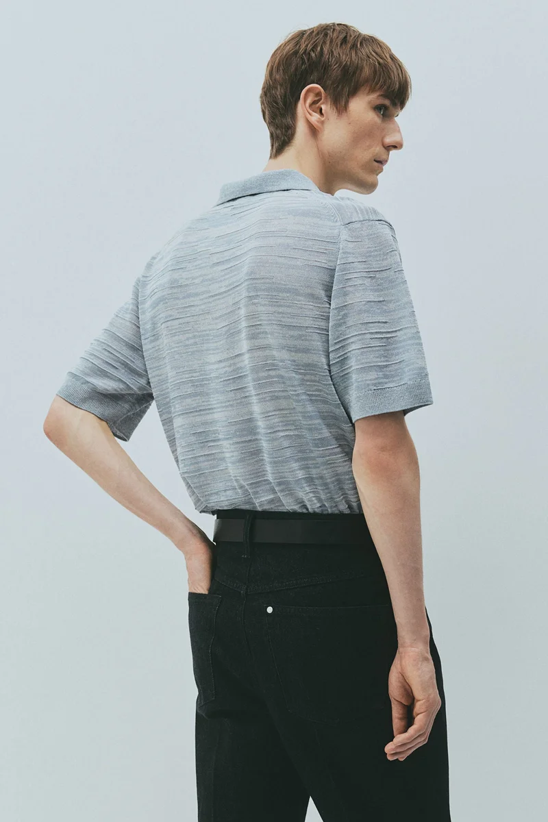 H&M 003-07-101-Grey Medium Dusty Regular Fit Fine-knit polo shirt for Men | Best Price UAE