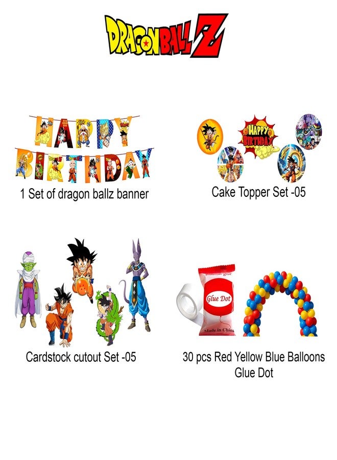 Partyjoy Dragon Ball Z Theme Birthday Decoration Kit for Kids | Happy Birthday Banner with Anime Cartoon Party Supplies | Cake Topper & Cupcake Toppers Set (With multicolor balloons) - Image 2