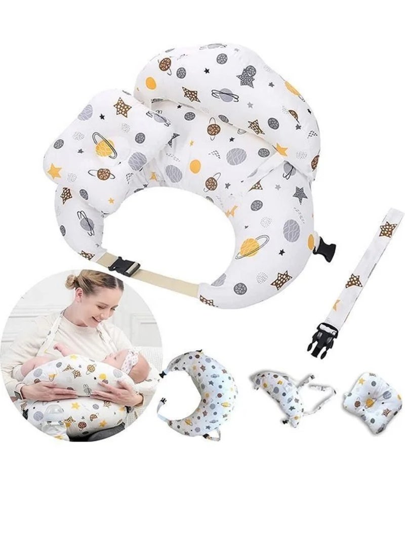 Multipurpose Feeding Pillow, Large Breastfeeding Pillows for Babies, Feeding Pillow, Baby Nursing Pillows, Bed U-shape Pillow and Baby Lounger for Newborn (0-12 months) (White Planet) - Image 1