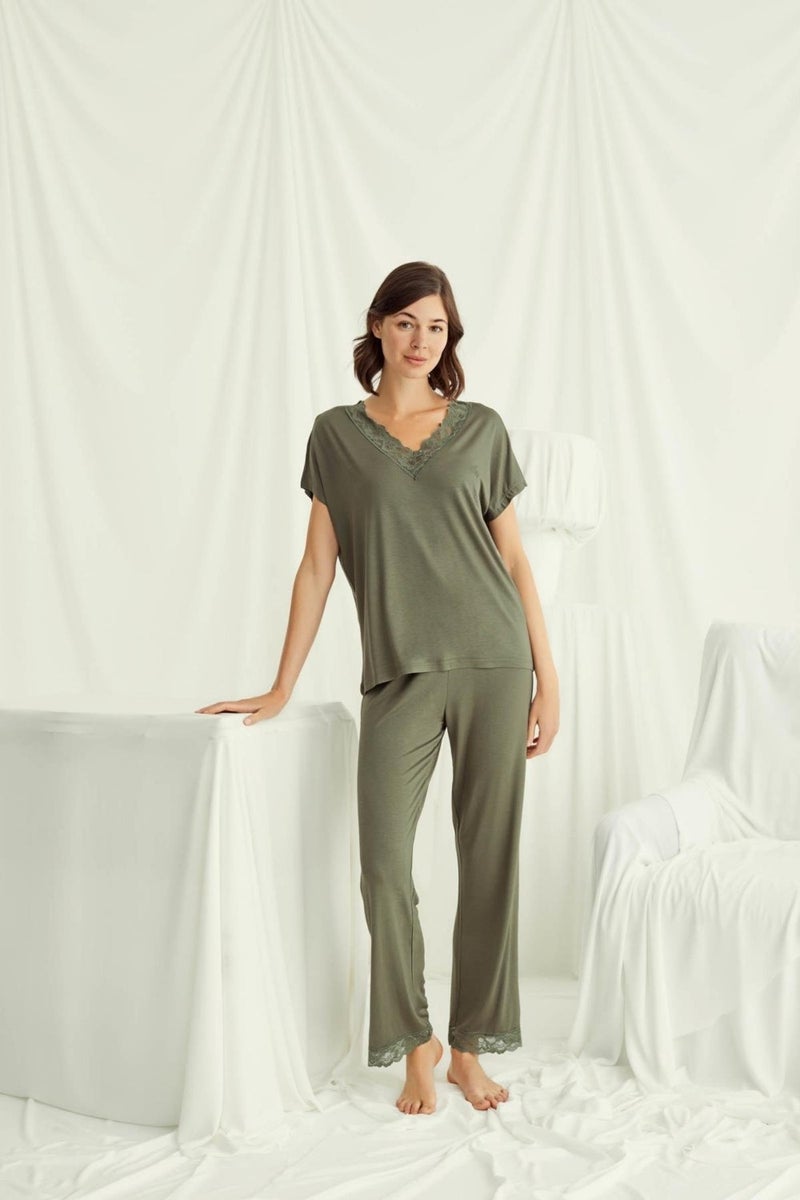 Monamise Women's V Neck Short Sleeve Pajama Set-Khaki