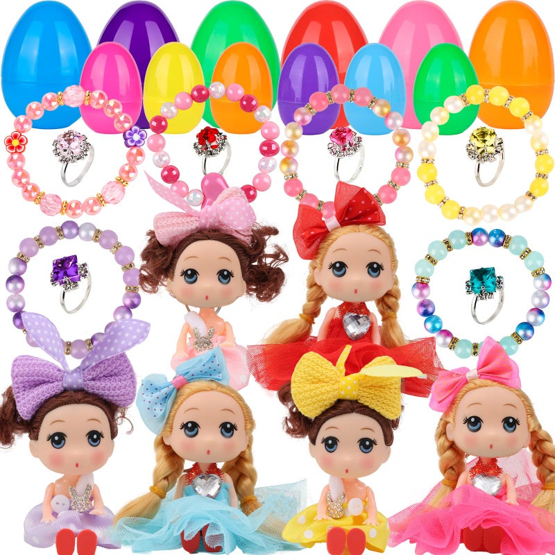yewfall 12 Pack Easter Basket Essentials Fillers Gifts with Cute Dolls and Colorful Bracelets Inside, Gifts for Kids Prefilled Easter Egg Stuffers for Toddler Girls Easter Party Favors Surprise Eggs - Image 1