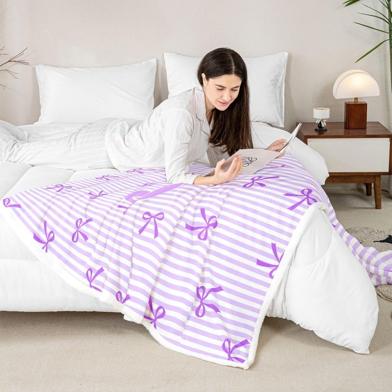 Erosebridal Personalized Letter J Girls Fleece Blanket Twin Size Cute Purple Bow Sherpa Blanket for Kids Teens Women Dreamy Princess Bowknot Fuzzy Plush Throw Kawaii Bows Girly Decor for Bed Couch - Image 2