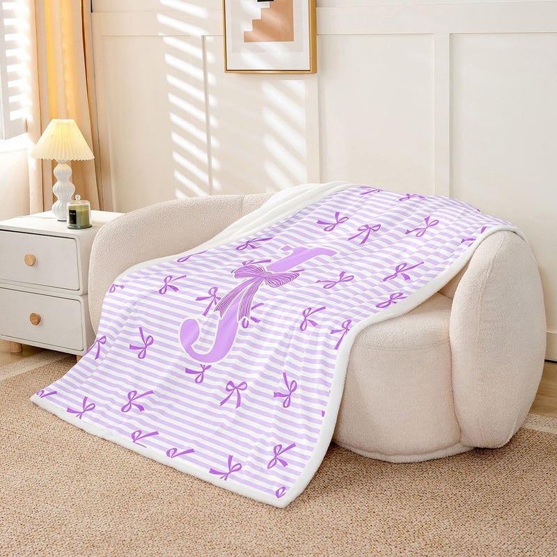 Erosebridal Personalized Letter J Girls Fleece Blanket Twin Size Cute Purple Bow Sherpa Blanket for Kids Teens Women Dreamy Princess Bowknot Fuzzy Plush Throw Kawaii Bows Girly Decor for Bed Couch - Image 1