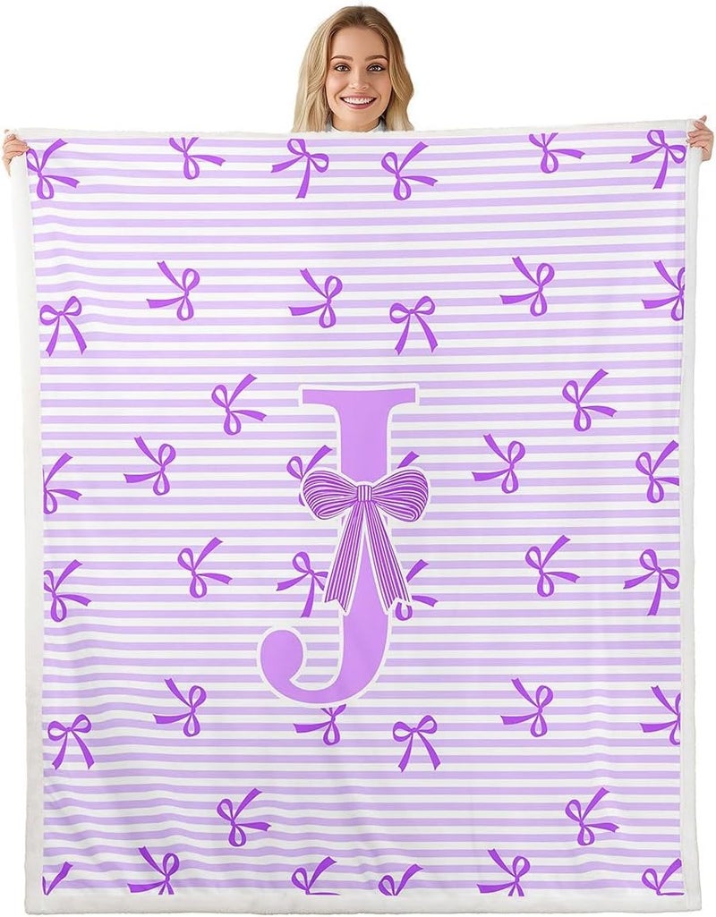 Erosebridal Personalized Letter J Girls Fleece Blanket Twin Size Cute Purple Bow Sherpa Blanket for Kids Teens Women Dreamy Princess Bowknot Fuzzy Plush Throw Kawaii Bows Girly Decor for Bed Couch - Image 3