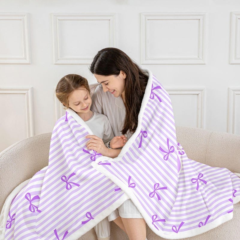 Erosebridal Personalized Letter J Girls Fleece Blanket Twin Size Cute Purple Bow Sherpa Blanket for Kids Teens Women Dreamy Princess Bowknot Fuzzy Plush Throw Kawaii Bows Girly Decor for Bed Couch - Image 4