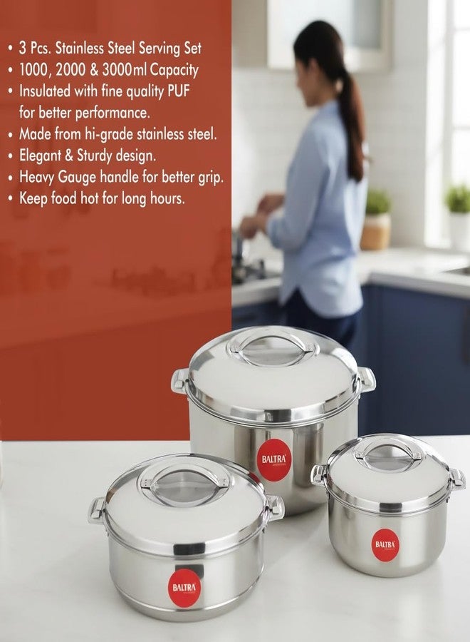 Baltra Royal Casserole For Roti Hot Case | Hot Case 3-Piece Casserole Set | Insulated Stainless Steel Hot Pot (1000ml, 2000ml, 3000ml) | Keeps Food Hot & Fresh for Hours | Stylish & Durable Design for Home & Dining - Image 3