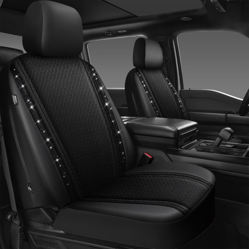 CAR PASS Memory Foam Mesh Bling Diamond Car Seat Cover 2 Front Seats Breathable Soft Sponge Universal Shining Glitter Sparkly Crystal Fit Armrest Automotive Truck SUV Cute Women Girl Black Rhinestone - Image 2