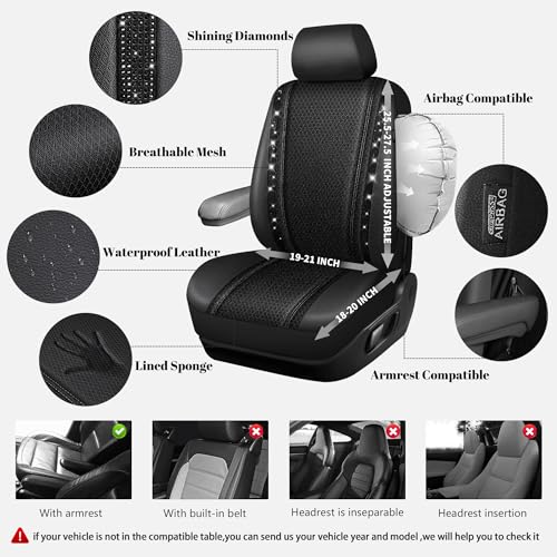 CAR PASS Memory Foam Mesh Bling Diamond Car Seat Cover 2 Front Seats Breathable Soft Sponge Universal Shining Glitter Sparkly Crystal Fit Armrest Automotive Truck SUV Cute Women Girl Black Rhinestone - Image 3
