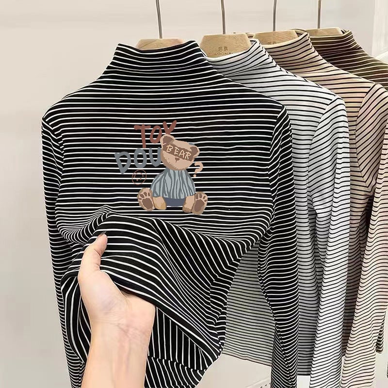 Boys And Girls Fleece Striped T-Shirt Base Shirt Half High Neck Warm Casual Simple All-Match Children'S T-Shirt - Image 4