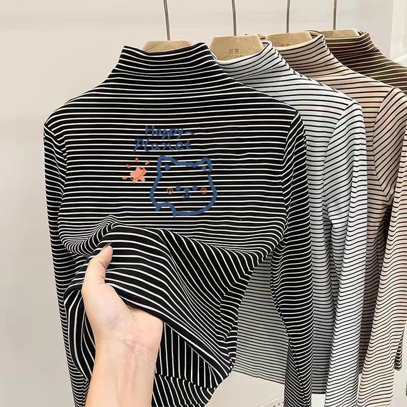 Boys And Girls Fleece Striped T-Shirt Base Shirt Half High Neck Warm Casual Simple All-Match Children'S T-Shirt - Image 1