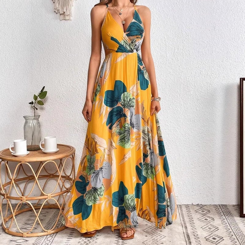 2026 Tropical Print Slit Halter Dress - Image 1