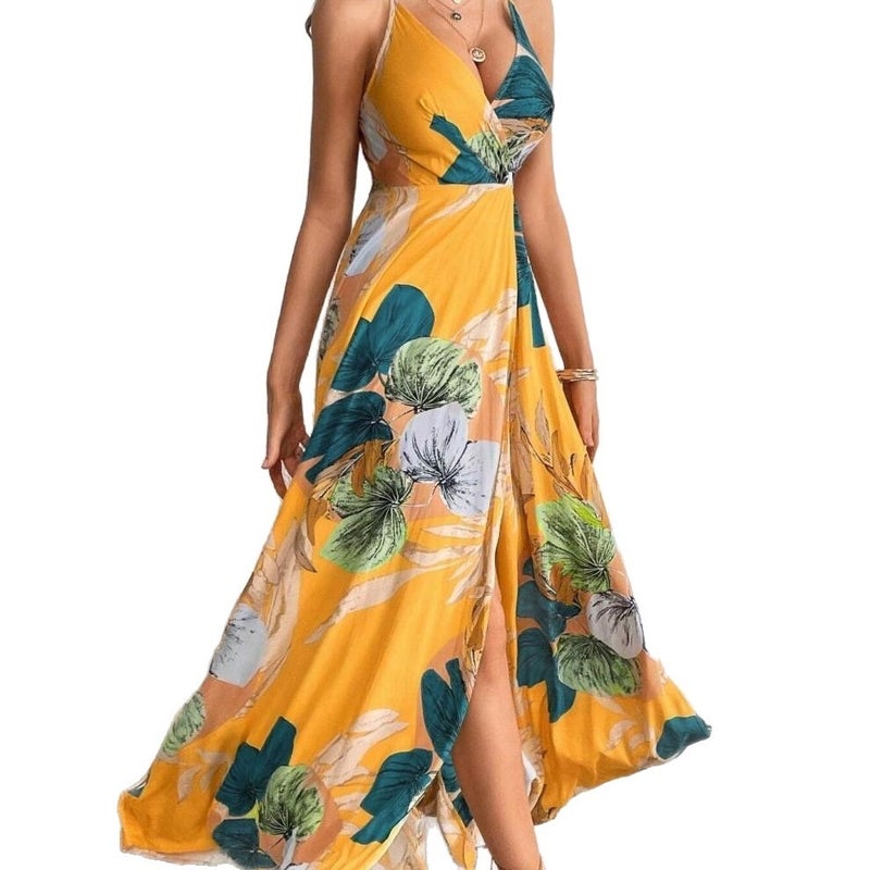 2026 Tropical Print Slit Halter Dress - Image 5
