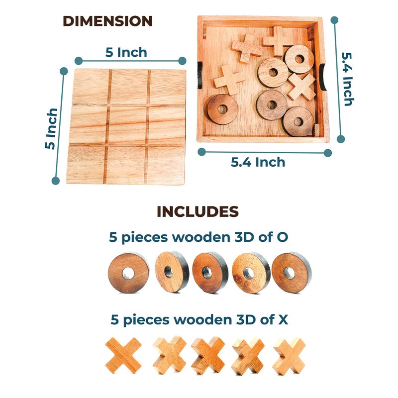 BSIRI Wooden Tic Tac Toe Game - Brain Teaser Puzzles for Adults and Unique Gifts for Kids, Coffee Table Decor Living Room Decor Modern Wood Decor, Classic Board Games for Family (5.5 Inch) - Image 3