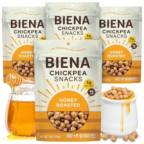 BIENA Chickpea Snacks - Crunchy Roasted Chickpeas - High Fiber Protein Snacks for Adults and Kids - 4-Pack, 5 Ounce Bags - Honey Roasted - Image 1