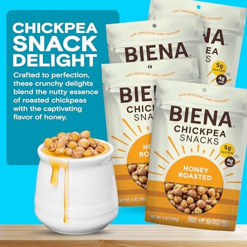 BIENA Chickpea Snacks - Crunchy Roasted Chickpeas - High Fiber Protein Snacks for Adults and Kids - 4-Pack, 5 Ounce Bags - Honey Roasted - Image 2