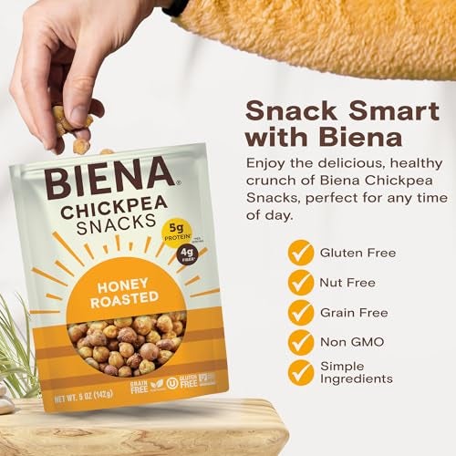 BIENA Chickpea Snacks - Crunchy Roasted Chickpeas - High Fiber Protein Snacks for Adults and Kids - 4-Pack, 5 Ounce Bags - Honey Roasted - Image 4