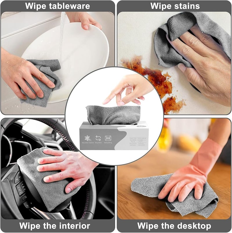 BIGTHREE Microfiber Cleaning Cloth Rags in A Box, 2 Pack Glass Cleaning Towel, Reusable Wipes for Cleaning, Strong Water and Oil Absorption Cleaning Rags for Home, Kitchen and Car(Grey, 20 Pcs/Box) - Image 2