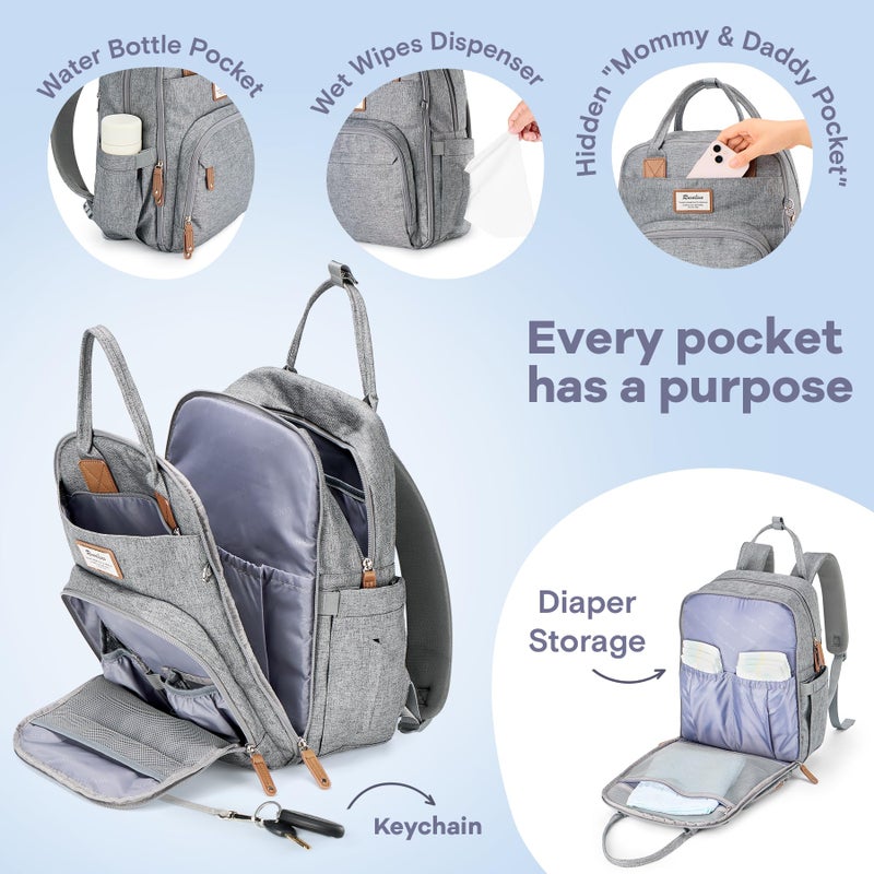 RUVALINO Diaper Bag Backpack-Multifunction Travel Baby Diaper Bag with Changing Pad, Insulated Bottle Holders & Pacifier Case, Large Capacity, Waterproof, Gray - Image 2