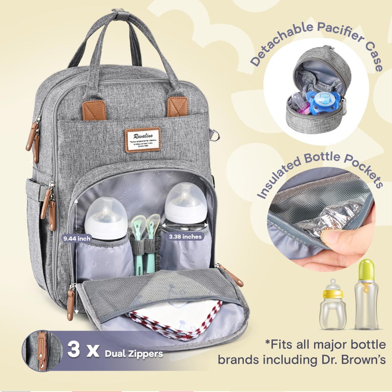 RUVALINO Diaper Bag Backpack-Multifunction Travel Baby Diaper Bag with Changing Pad, Insulated Bottle Holders & Pacifier Case, Large Capacity, Waterproof, Gray - Image 3