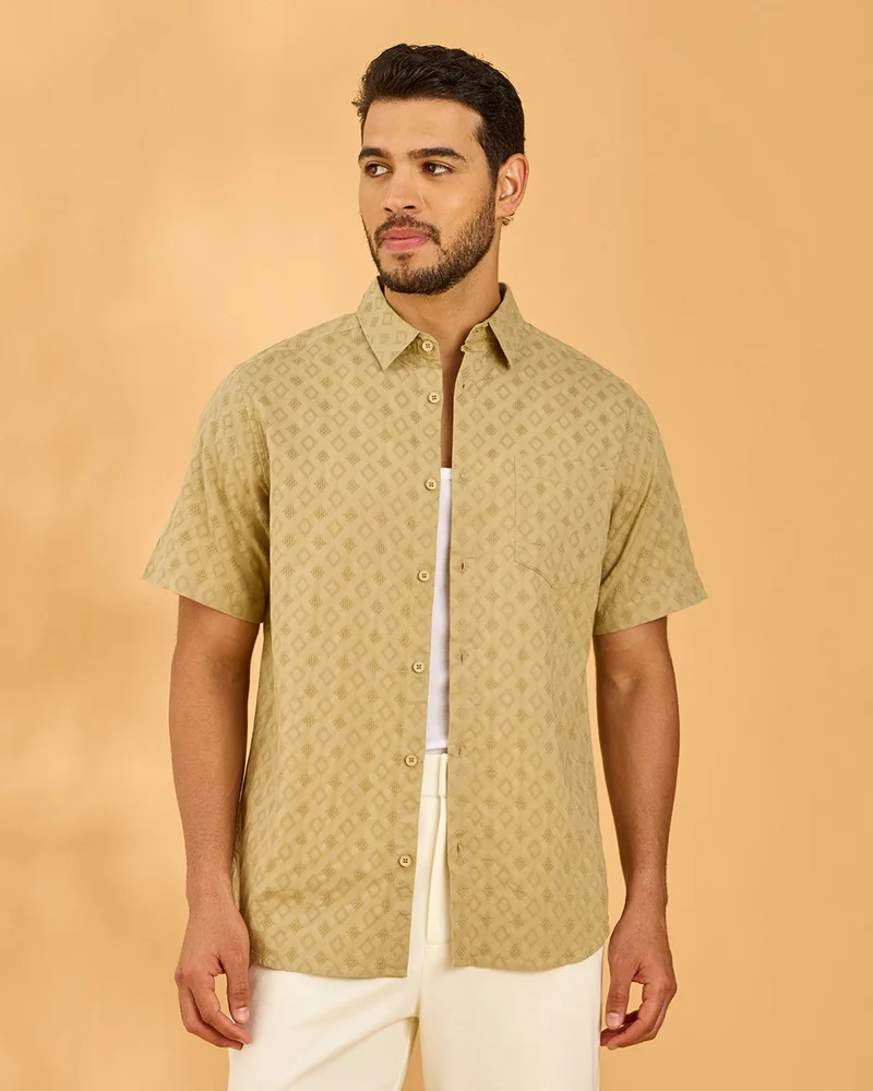 Redtag Men Beige Jacquard Regular Collar Shirt