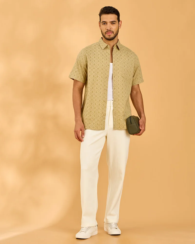 Redtag Men Beige Jacquard Regular Collar Shirt