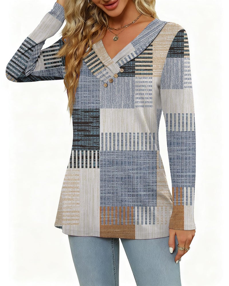 FMEYOA Women's Fall Long Sleeve Tunic Tops for Leggings Pleated V Neck Button Casual Blouse Graphic Printed Sweatshirt - Image 4