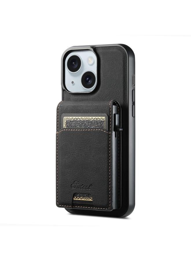 Suteni Case For iPhone 15 H19 Litchi Grain 2-in-1 MagSafe Removable Card Box Back Phone Case - Image 1