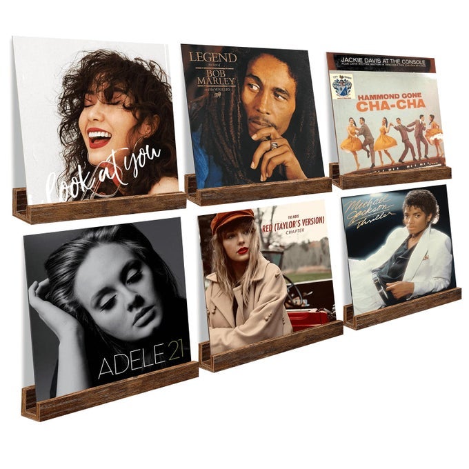 VINYL RECORD SHELF WALL MOUNT 12 INCH WOODEN ALBUM RECORD HOLDER DISPLAY PACK OF 6 FLOATING SHELVES FOR WALL MAGAZINE RACK KIDS BOOKSHELF FOR BEDROOM LIVING ROOM RUSTIC BROWN
