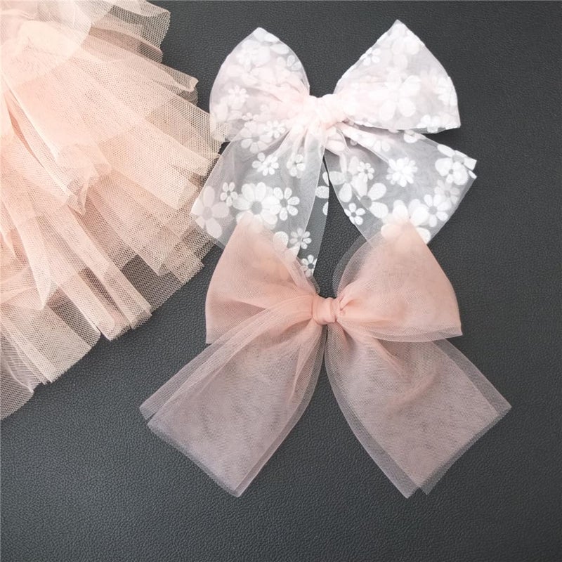 Sugarmelon Large Tulle Bows Hair Clips for Baby Girls - Lace, Cottagecore, Lightweight Gauze Barrettes Accessories (Pink Floral and White) - Image 5