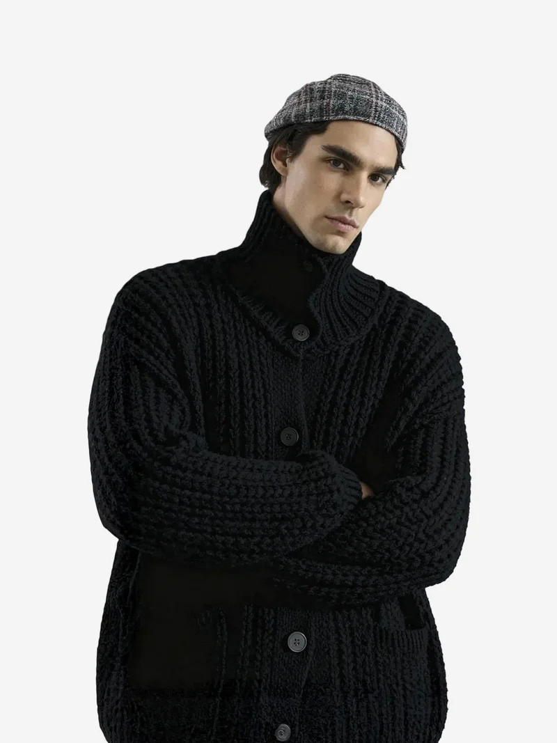Giesto Black GIESTO Oversized Ribbed Turtleneck Cardigan for Men | Best Price UAE