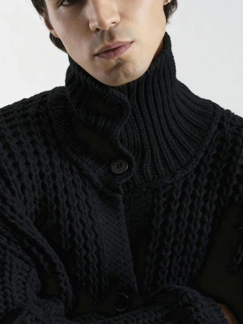 Giesto Black GIESTO Oversized Ribbed Turtleneck Cardigan for Men | Best Price UAE