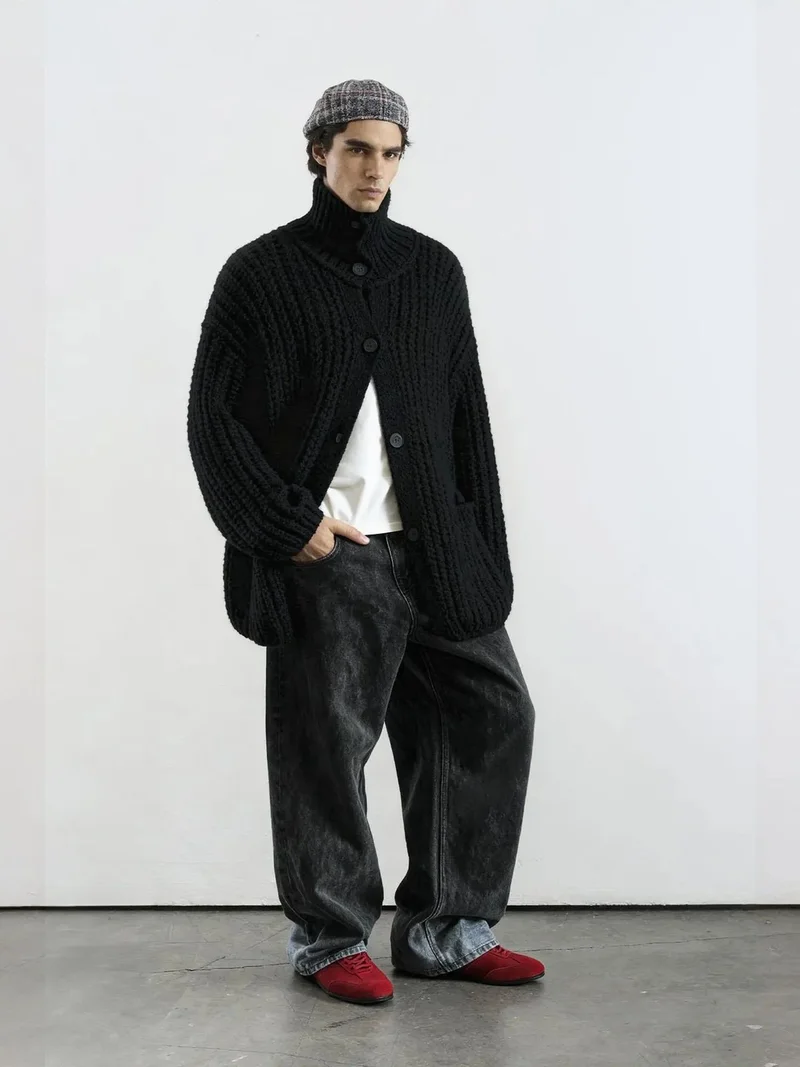 GIESTO Oversized Ribbed Turtleneck Cardigan