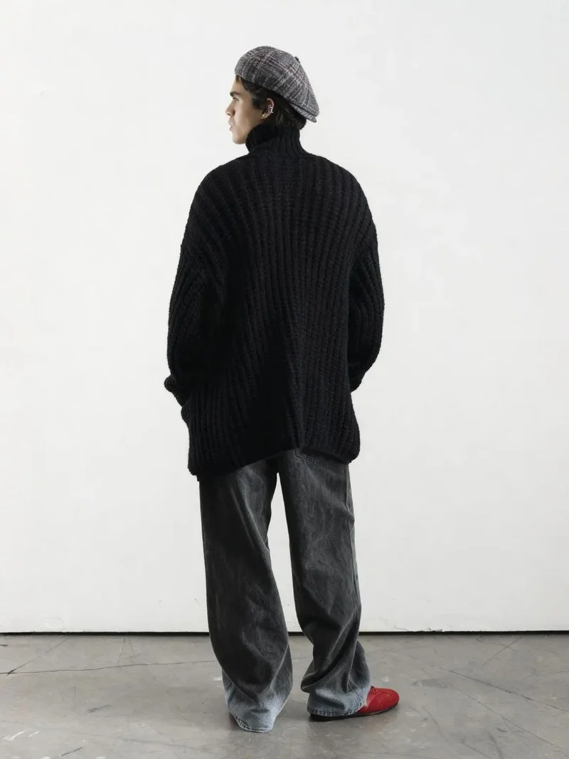 Giesto Black GIESTO Oversized Ribbed Turtleneck Cardigan for Men | Best Price UAE