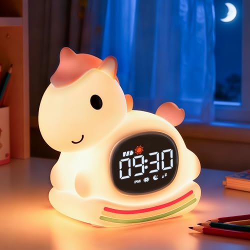 Aokpsrt Alarm Clock with Night Light for Kids with Sleep Training and Sound Machine Rechargeable Silicone Lamp OK to Wake ClockCute Animal Tabletop Lamp Perfect Sleep Companion for Boys GirlsPink Pony - Image 1