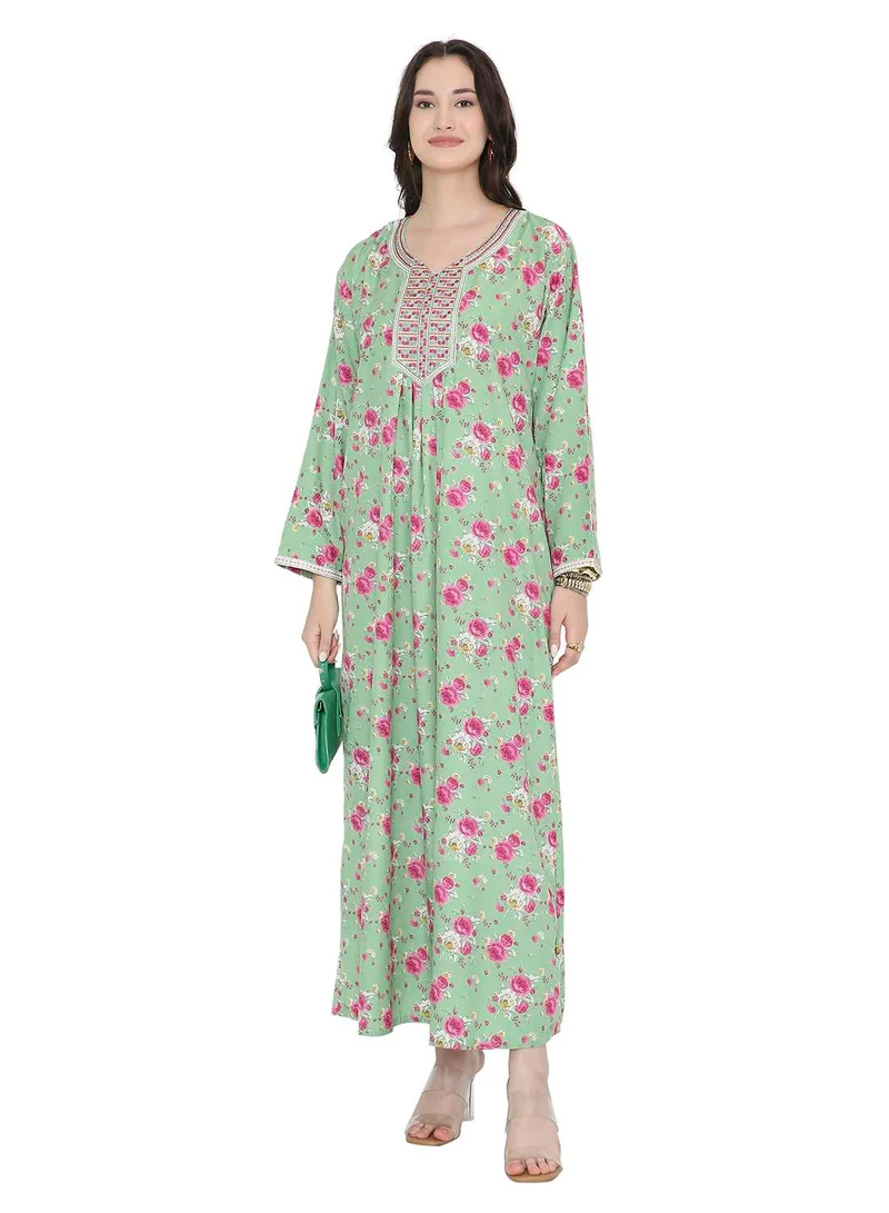 HANA & SARA Mint Green Arabic Jalabiya Floral Print Modest Maxi Dress with Embroidery Design