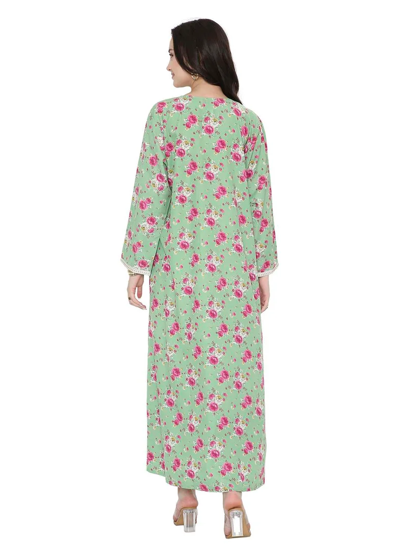 HANA & SARA Mint Green Arabic Jalabiya Floral Print Modest Maxi Dress with Embroidery Design