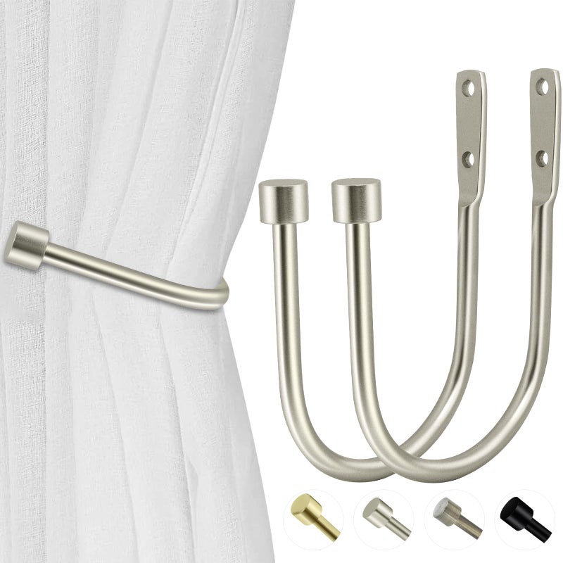 HIKMLK Minimalist Curtain Holdbacks 2pcs, Cast Iron Solid Heavy Duty Metal Curtain Tieback Side Holders for Wall, Curtain Hook Pull Backs for Drapes Window Home Decorationï¼ˆSatin Nickel ï¼‰ - Image 1