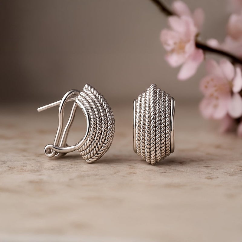 LeCalla 925 Sterling Silver Omega Back Earrings | Antique Crossover Textured Curve Statement Omega Back Clip-On Large Stud Earrings for Women 17MM - Image 3