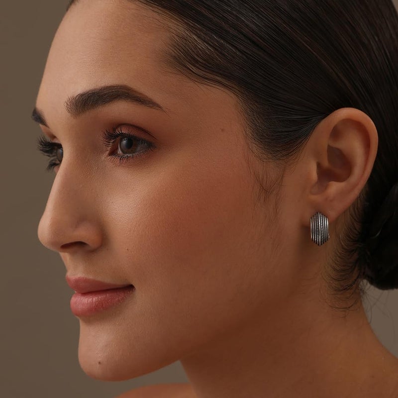 LeCalla 925 Sterling Silver Omega Back Earrings | Antique Crossover Textured Curve Statement Omega Back Clip-On Large Stud Earrings for Women 17MM - Image 2