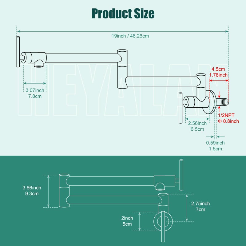 Heyalan Heyalan Pot Filler 19 Inch Wall Mount Folding Stretchable Kitchen Restaurant Faucet Stainless Steel Pot Filler Double Joint Swing Arm Two Handles Commercial NPT,T-Shaped Handle,Brushed Nickel  - Image 3