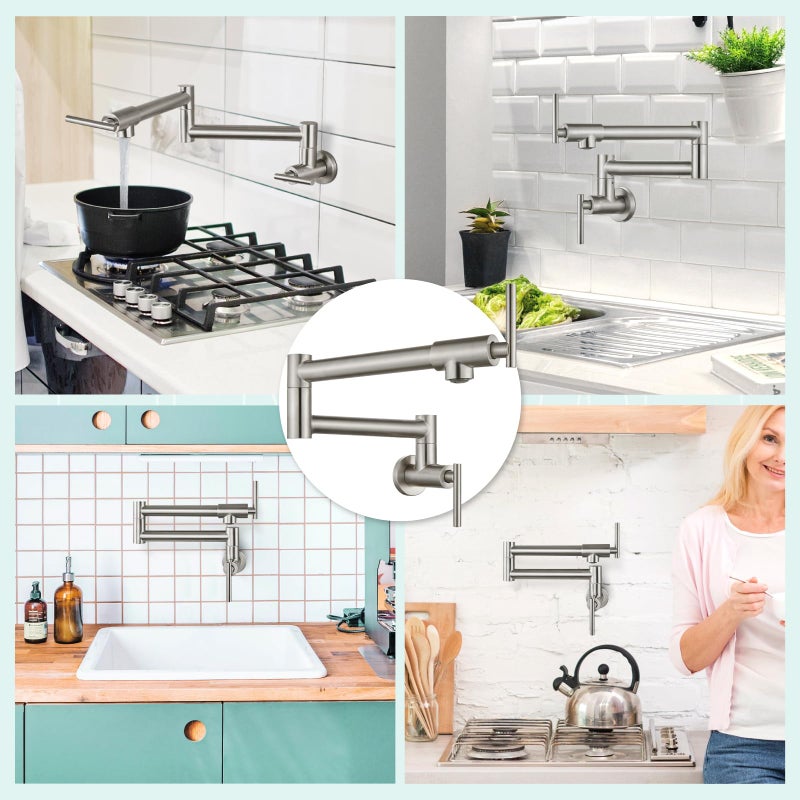 Heyalan Heyalan Pot Filler 19 Inch Wall Mount Folding Stretchable Kitchen Restaurant Faucet Stainless Steel Pot Filler Double Joint Swing Arm Two Handles Commercial NPT,T-Shaped Handle,Brushed Nickel  - Image 2