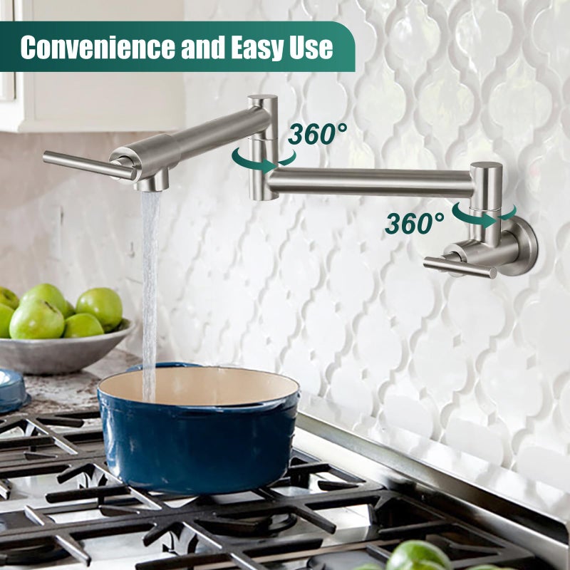 Heyalan Heyalan Pot Filler 19 Inch Wall Mount Folding Stretchable Kitchen Restaurant Faucet Stainless Steel Pot Filler Double Joint Swing Arm Two Handles Commercial NPT,T-Shaped Handle,Brushed Nickel  - Image 5