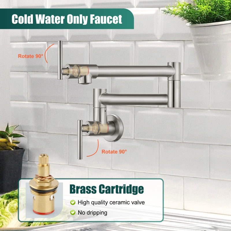 Heyalan Heyalan Pot Filler 19 Inch Wall Mount Folding Stretchable Kitchen Restaurant Faucet Stainless Steel Pot Filler Double Joint Swing Arm Two Handles Commercial NPT,T-Shaped Handle,Brushed Nickel  - Image 4