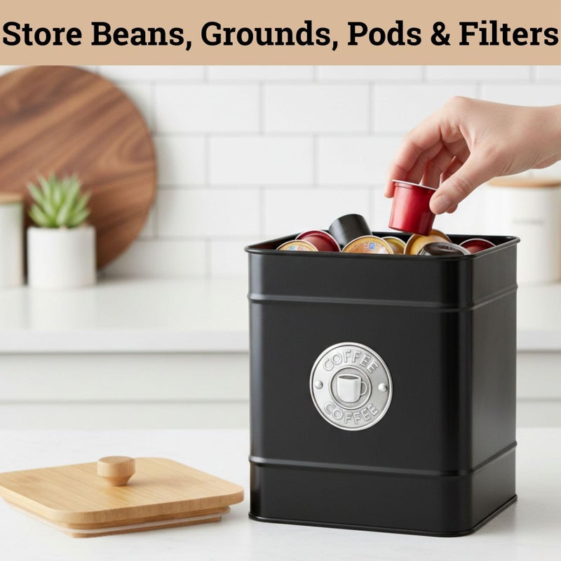 HB Design Co. Airtight Coffee Canister - 40 oz Large Iron Black Coffee Container Airtight - 6 x 8 inch Metal Jar - Stylish Countertop Container for Grounds, Beans, Pods & More with Rubber-Lined Bamboo Lid - Image 5