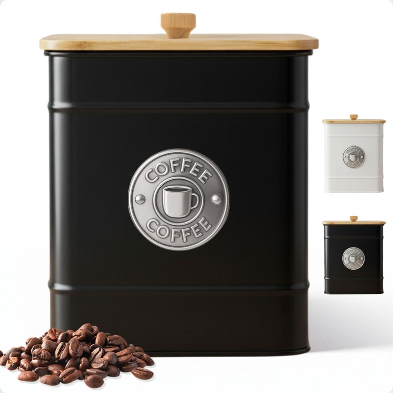 HB Design Co. Airtight Coffee Canister - 40 oz Large Iron Black Coffee Container Airtight - 6 x 8 inch Metal Jar - Stylish Countertop Container for Grounds, Beans, Pods & More with Rubber-Lined Bamboo Lid - Image 1