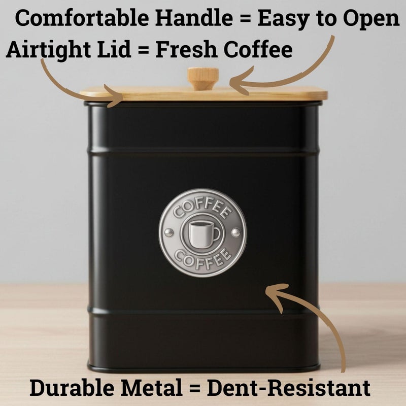 HB Design Co. Airtight Coffee Canister - 40 oz Large Iron Black Coffee Container Airtight - 6 x 8 inch Metal Jar - Stylish Countertop Container for Grounds, Beans, Pods & More with Rubber-Lined Bamboo Lid - Image 2
